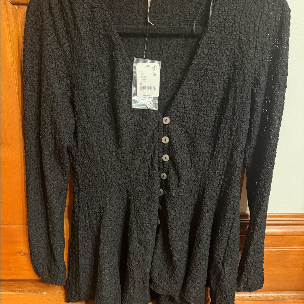 Free People Black Textured Button-Up Cardigan